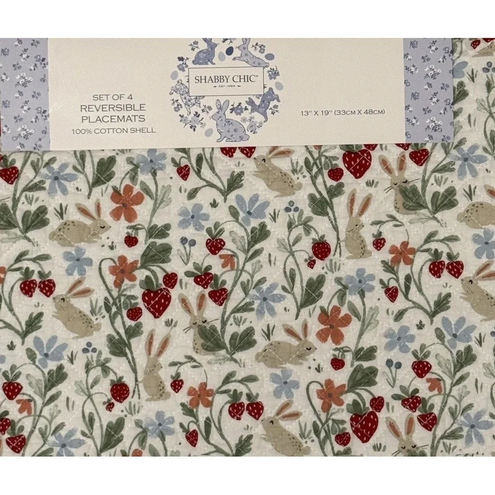 Shabby Chic Easter Bunny Rabbits Spring Flowers Quilted‎ Placemats Set of 4